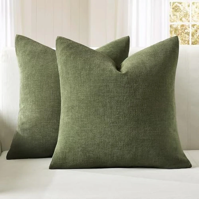 MIULEE Olive Green Couch Pillow Covers 20x20 Inch, Set of 2 Soft Chenille Decorative Square Throw Pillow Covers Farmhouse for Sofa Living Room Bed by MIULEE - Used - Like New condition - US$17.10