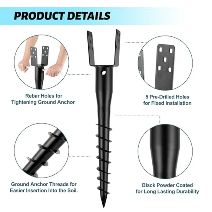XYADX No Dig Ground Screw Anchor - Black U Shaped Post Stake for 4x4 Wood Posts, Includes Lag Bolts & 27" Rebar, for Mailbox Posts and Fence Posts Anchor, 1 Pack by XYADX - Image 4