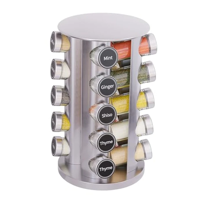 Revolving Spice Rack Set with 20 Spice Jars, Kitchen Spice Tower Organizer for Countertop or Cabinet - Carousel Storage Includes 386 Spice Labels (Silver) by New England Stories - Used - Like New condition - CA$30.06