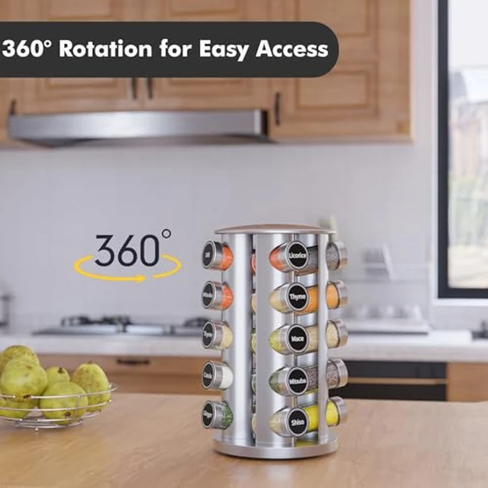 Revolving Spice Rack Set with 20 Spice Jars, Kitchen Spice Tower Organizer for Countertop or Cabinet - Carousel Storage Includes 386 Spice Labels (Silver) by New England Stories - Image 3