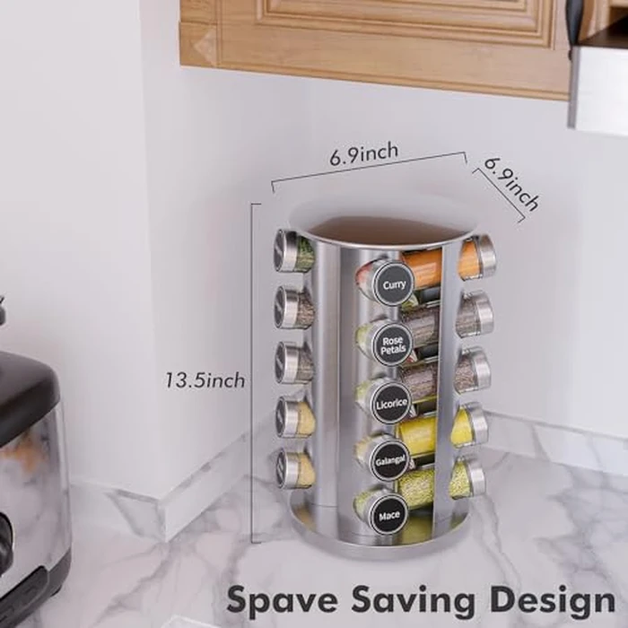 Revolving Spice Rack Set with 20 Spice Jars, Kitchen Spice Tower Organizer for Countertop or Cabinet - Carousel Storage Includes 386 Spice Labels (Silver) by New England Stories - Image 4