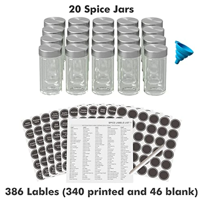 Revolving Spice Rack Set with 20 Spice Jars, Kitchen Spice Tower Organizer for Countertop or Cabinet - Carousel Storage Includes 386 Spice Labels (Silver) by New England Stories - Image 5