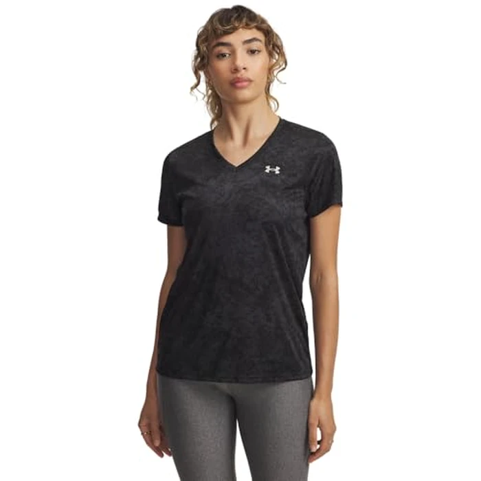 Under Armour Women's Velocity Print Short Sleeve V Neck T Shirt, (004) Black / / Metallic Silver, X-Large by Under Armour - Used - Like New condition