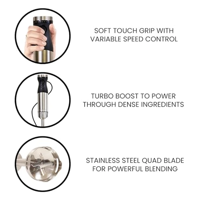 Kenmore Immersion Hand Blender Mixer Variable Speed Handheld Blending Stick Smoothie Food Chopper Whisk 700mL Beaker Lid Baby Food Red Sauces Puree Soup Quad Blade Kitchen Black Silver by Koolatron - Used - Very Good condition