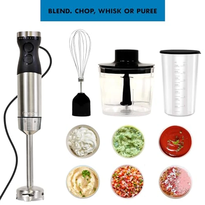 Kenmore Immersion Hand Blender Mixer Variable Speed Handheld Blending Stick Smoothie Food Chopper Whisk 700mL Beaker Lid Baby Food Red Sauces Puree Soup Quad Blade Kitchen Black Silver by Koolatron - Image 2