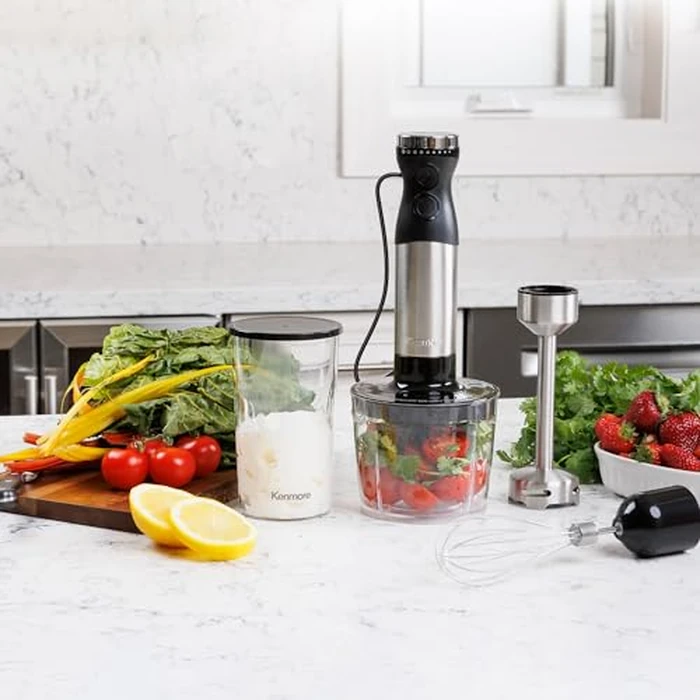 Kenmore Immersion Hand Blender Mixer Variable Speed Handheld Blending Stick Smoothie Food Chopper Whisk 700mL Beaker Lid Baby Food Red Sauces Puree Soup Quad Blade Kitchen Black Silver by Koolatron - Image 4