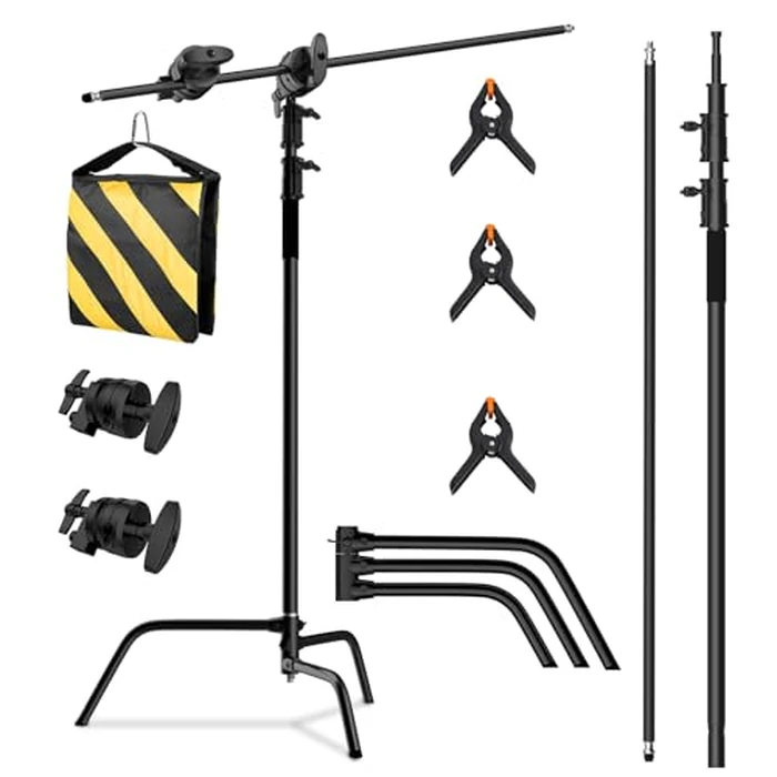 SH C Stand with Boom Arm, Heavy Duty Photography Light Stand, 10.8ft/330cm Stainless Steel C-Stand Kit with Sandbag, 4.2ft/128cm Boom for Studio Softbox and Reflector,Black by SH - Used - Very Good condition - US$64.59