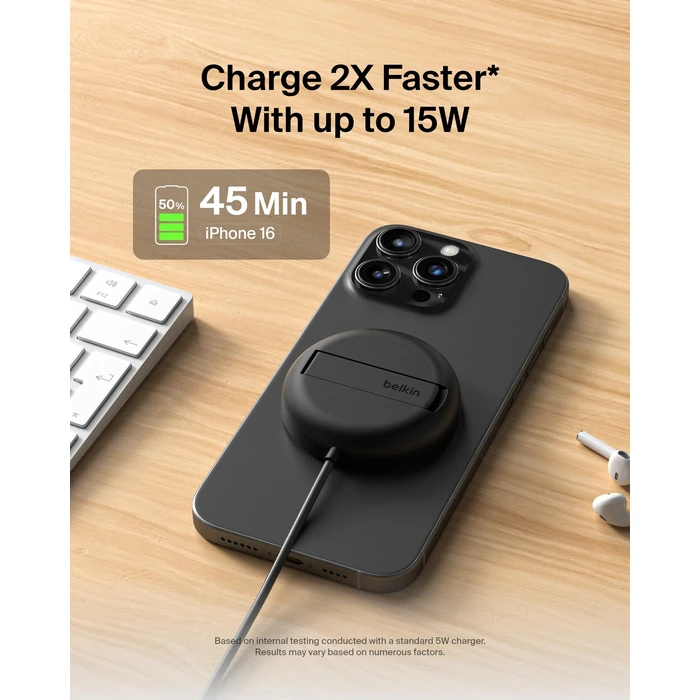 Belkin Magnetic Wireless Charging Pad 15W w/Pop-Up Stand - MagSafe-Compatible Qi2-Certified Wireless Charger for iPhone 17 Series, Samsung Galaxy S25 Series, AirPods (No PSU) - Black by Belkin - Image 3