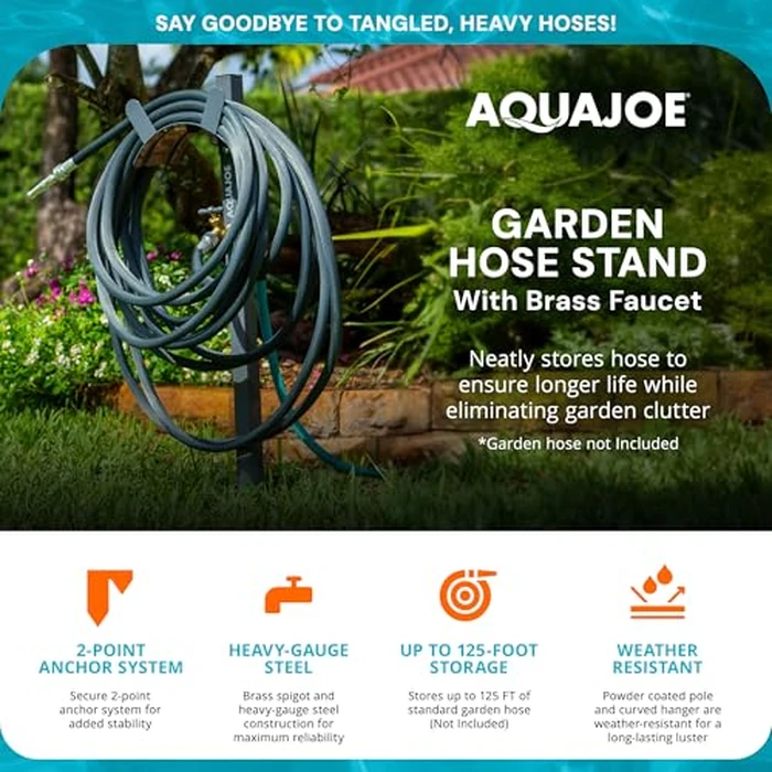 Aqua Joe Steel Garden Hose Stand with Brass Faucet and Quick-Install Anchor Base - Heavy-Duty Freestanding Holder for Outdoor Lawn, Yard & Garden Hose Storage, SJ-SHSBB-GRY by Aqua Joe - Image 2