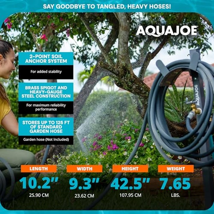 Aqua Joe Steel Garden Hose Stand with Brass Faucet and Quick-Install Anchor Base - Heavy-Duty Freestanding Holder for Outdoor Lawn, Yard & Garden Hose Storage, SJ-SHSBB-GRY by Aqua Joe - Image 3