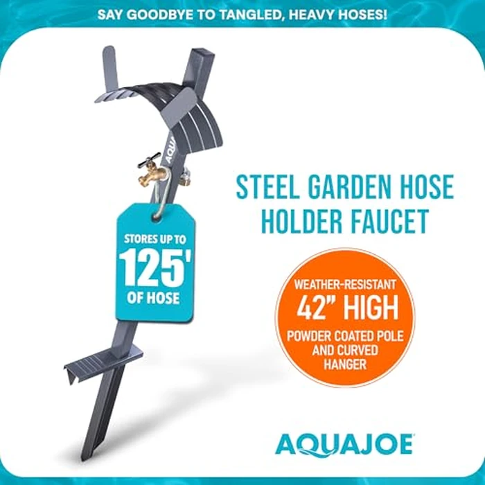 Aqua Joe Steel Garden Hose Stand with Brass Faucet and Quick-Install Anchor Base - Heavy-Duty Freestanding Holder for Outdoor Lawn, Yard & Garden Hose Storage, SJ-SHSBB-GRY by Aqua Joe - Image 4