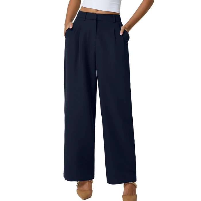 QINSEN Wide Leg Dress Pants for Women High Waisted Wrinkle Free Work Pants with Pockets Casual Slack Navy Blue M (28.5" Inseam) by QINSEN - Image 1