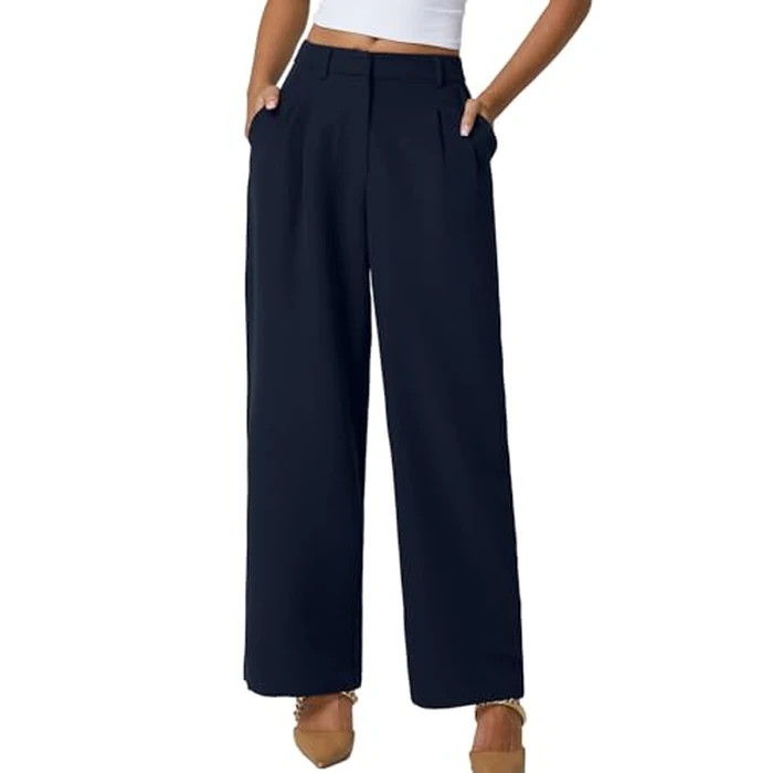 QINSEN Wide Leg Dress Pants for Women High Waisted Wrinkle Free Work Pants with Pockets Casual Slack Navy Blue M (28.5" Inseam) by QINSEN - Image 2