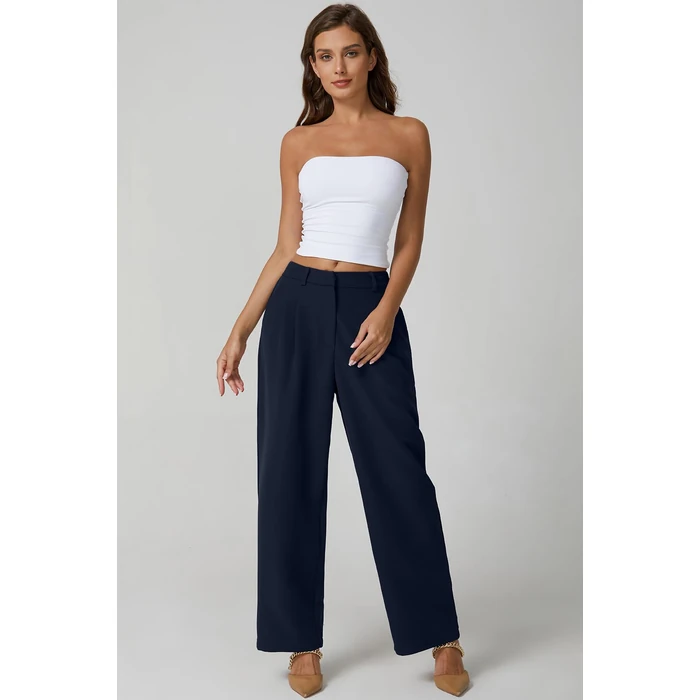 QINSEN Wide Leg Dress Pants for Women High Waisted Wrinkle Free Work Pants with Pockets Casual Slack Navy Blue M (28.5" Inseam) by QINSEN - Image 7