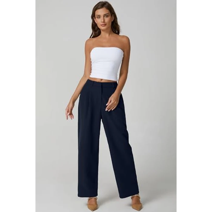 QINSEN Wide Leg Dress Pants for Women High Waisted Wrinkle Free Work Pants with Pockets Casual Slack Navy Blue M (28.5" Inseam) by QINSEN - Image 8
