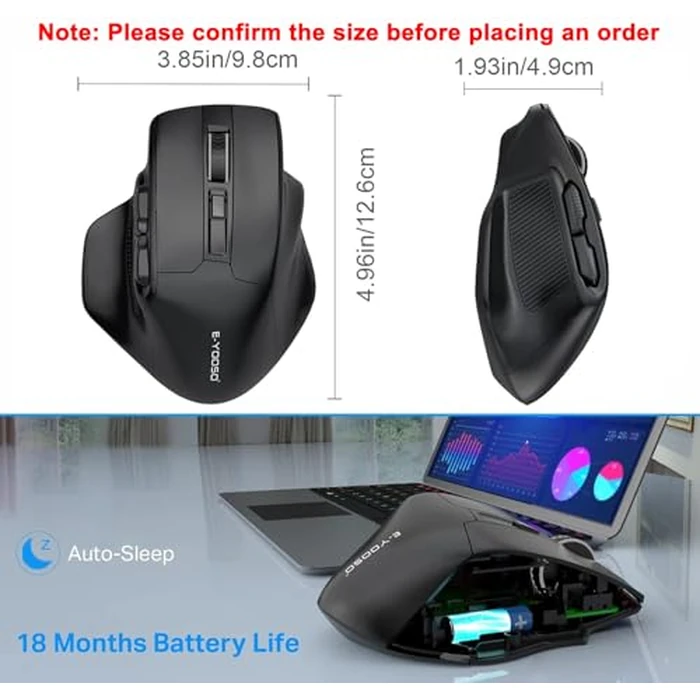 E-YOOSO Large Wireless Mouse for Big Hands, X-31 Cordless Ergo Computer Mouse, 6 Buttons, 5-Level 4800 DPI, 18 Months Battery Life, for Laptop, PC, Chromebook (Bluetooth, 6) by E-YOOSO - Image 3