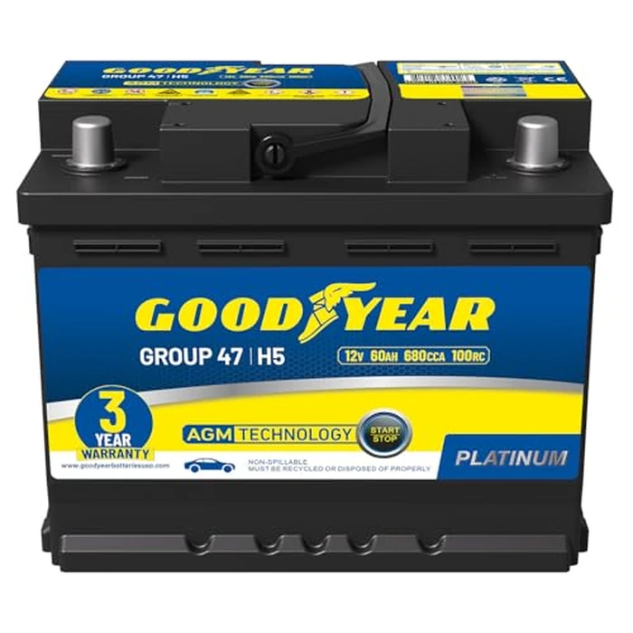 Goodyear 47-H5-AGM BCI Group Size 47 12V 60 AH, 100RC, 680 CCA Platinum series Rechargeable AGM Maintenance Free Automotive Battery by Goodyear - Image 1