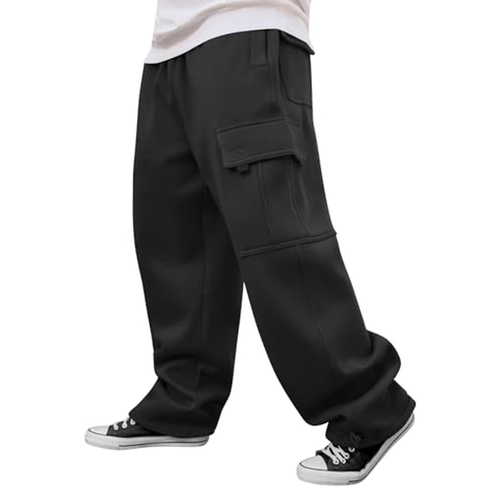 Men's Heavyweight Fleece Cargo Sweatpants Loose Fit Thick Wide Leg Sweats with Pockets(Black,S) by ALTHLEMON - Image 2