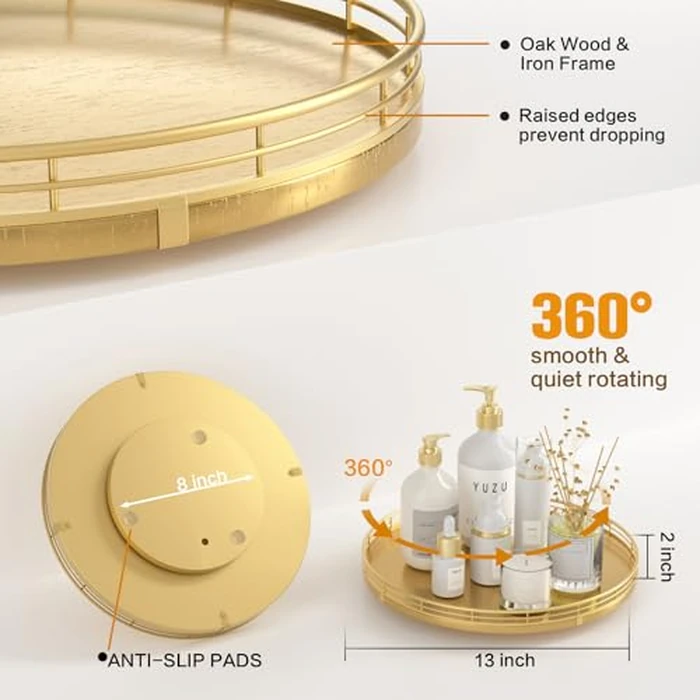 13" Gold Lazy Susan for Table Top, Oak Wood Lazy Susan Turntable Organizer for Dining Coffee Table Centerpiece Bar Decor Kitchen Countertop Bathroom Vanity Decorative Tray for Perfume Jewelry Round by Oroyutor - Image 2
