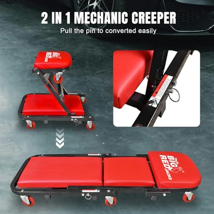 Big RED ATW4015ZR Torin ，40" Foldable Z-Creeper Seat，2-in-1 Garage/Shop Creeper，330 lbs Capacity，Low Profile Creeper with 6 pcs Wheels for Auto Repair，Garage and Shop，Lay Down or Sit，Red by BIG RED - Image 2