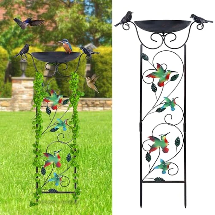 hogardeck 35” Metal Bird Bath with Garden Trellis for Climbing Plants Outdoor, Vintage Detachable Decorative Birdbath Bowl, Metal Plant Support for Climbing Flowers by hogardeck - Image 1