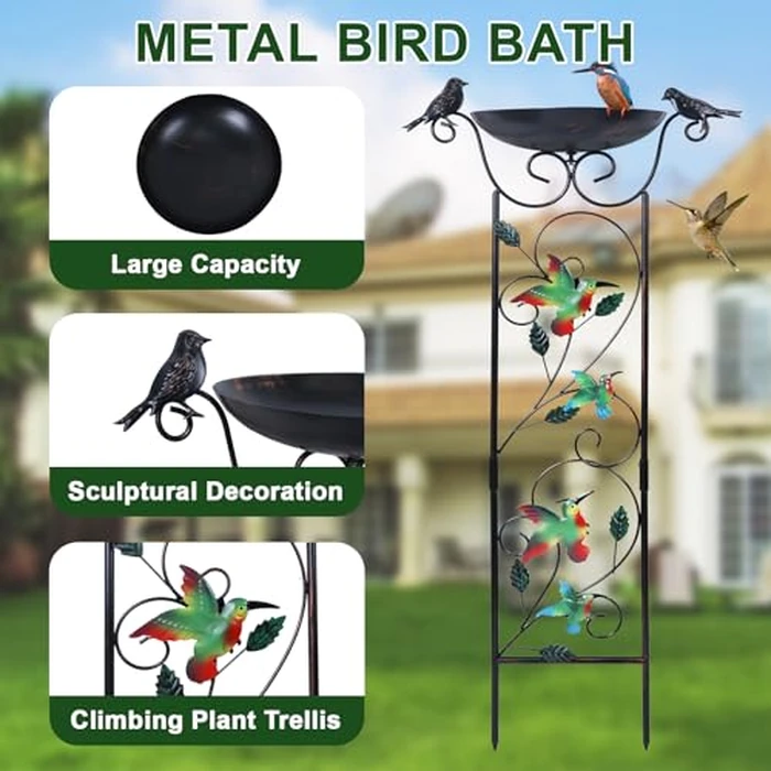hogardeck 35” Metal Bird Bath with Garden Trellis for Climbing Plants Outdoor, Vintage Detachable Decorative Birdbath Bowl, Metal Plant Support for Climbing Flowers by hogardeck - Image 2