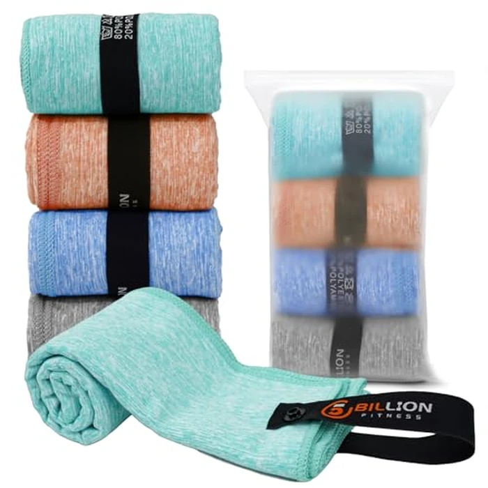 Microfiber Towel Quick Dry Set (4 Pack) - Super Absorbent Gym Towels Lightweight Hot Yoga Towel Fast Drying Travel Towels for Workout Sports Exercise-Home Gym Accessories for Men & Women (Four-Color) by 5BILLION FITNESS - Used - Very Good condition - CA$16.16