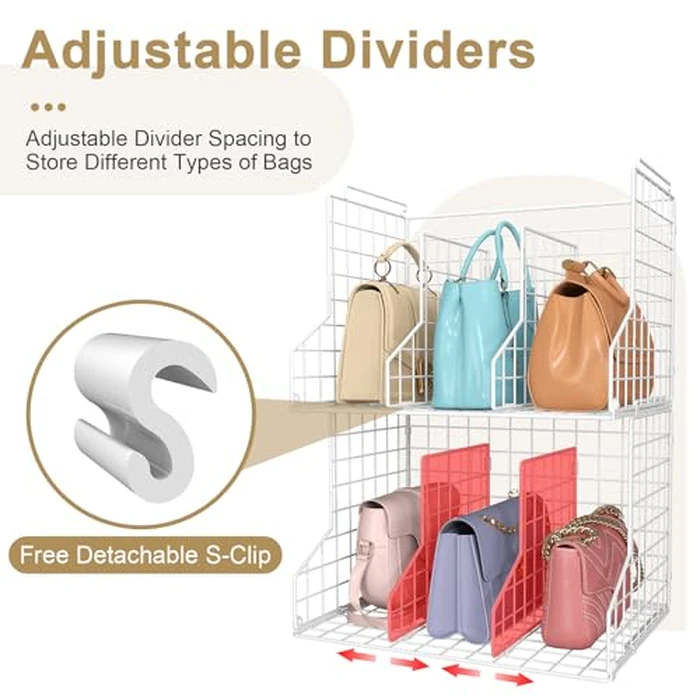 Sonyabecca Purse Storage Organizer for Closet : Adjustable 2-Pack Dividers Handbag Organizer - Stackable Wire Handbags Storage Baskets -Open Cabinets Wallets Tote Chain Bags Clutches -White by Sonyabecca - Image 2