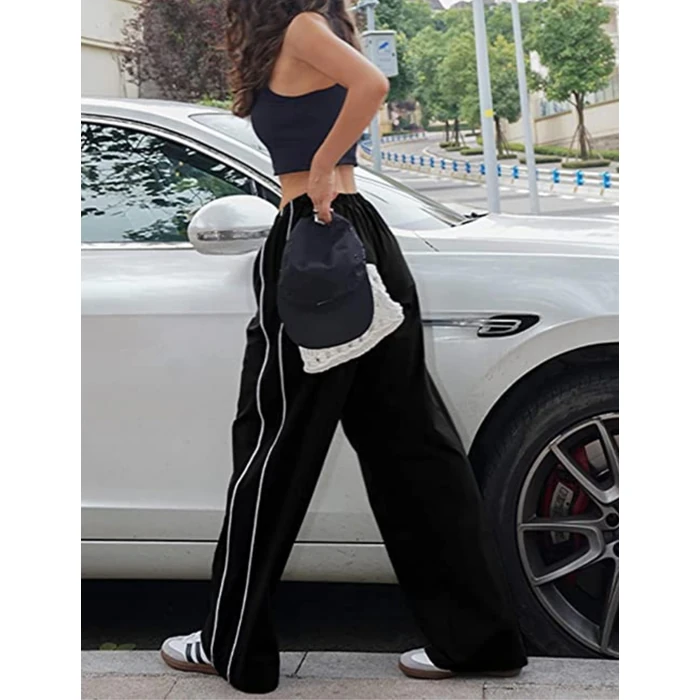 Shebote Womens Parachute Pants Wide Leg Baggy Y2K Elastic Waist Jogger Sweatpants Track Pants Streetwear(0046-Black-L) by Shebote - Image 5