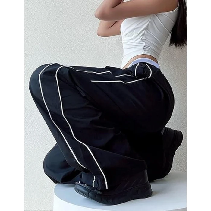 Shebote Womens Parachute Pants Wide Leg Baggy Y2K Elastic Waist Jogger Sweatpants Track Pants Streetwear(0046-Black-L) by Shebote - Image 6