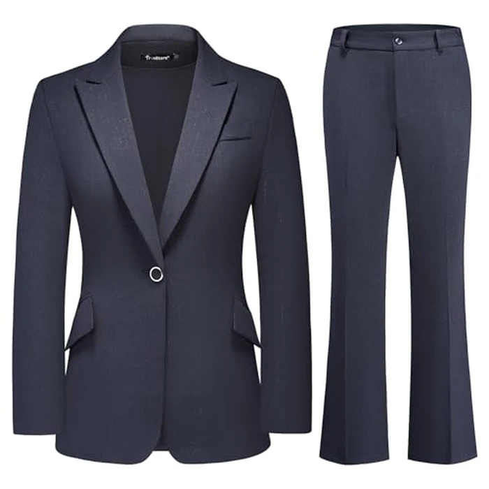 TRONSTORE Women's Suit 2 Piece Set Pinstripe Blazer and Bootcut Dressy Pants Set for Work Office Business Outfits-Navy Blue S by TRONSTORE - Image 1