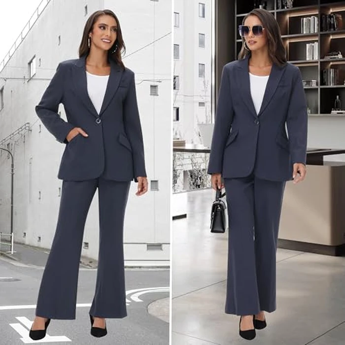 TRONSTORE Women's Suit 2 Piece Set Pinstripe Blazer and Bootcut Dressy Pants Set for Work Office Business Outfits-Navy Blue S by TRONSTORE - Image 6