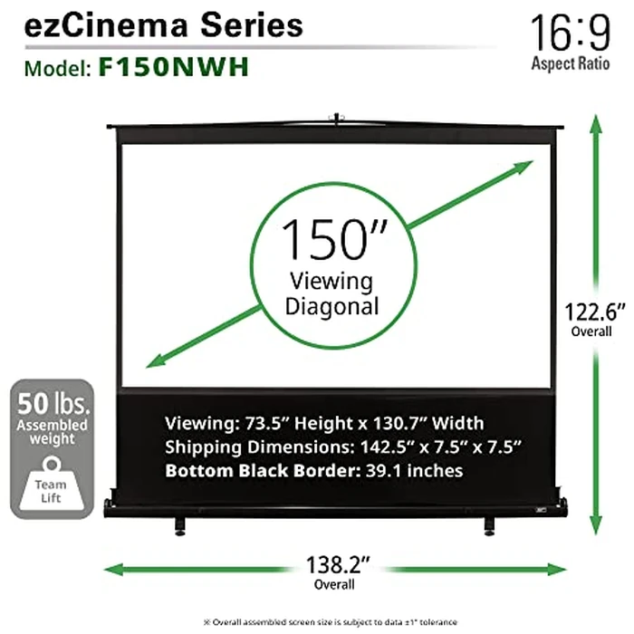 Elite Screens ezCinema Series, 150-INCH 16:9, Manual Pull Up Projector Screen, Movie Home Theater 8K / 4K Ultra HD 3D Ready, 2-Year Warranty, F150NWH by Elite Screens - Image 5