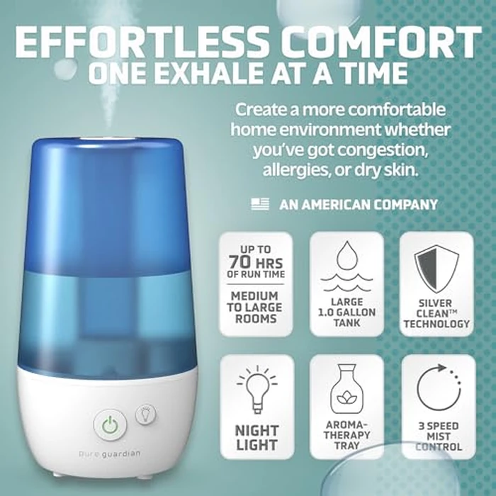 PureGuardian 1-Gallon Ultrasonic Cool Mist Humidifier with Essential Oil Tray, 70-Hour Run Time on Low, Covers 320 Sq, Ft, Silver Clean Protection, Filter Free for Bedrooms, Offices, Home, H965AR by PureGuardian - Image 2