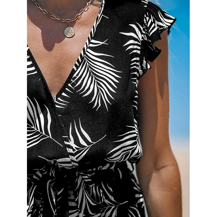 CUPSHE Women's Romper Tropical Flutter Sleeve Boho Overall V Neck Wide Leg Outfit Casual Beach Black/White Leaves L by CUPSHE - Image 3