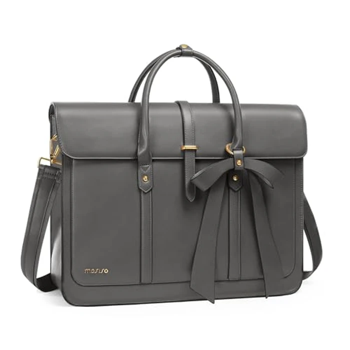 MOSISO Laptop Bag for Women, 15-15.6 inch PU Leather Laptop Shoulder Bag Convertible Backpack, 16 inch Messenger Bag Casual Handbag Work Briefcase Travel Computer Bag with Bowknot, Gray by MOSISO - Image 1