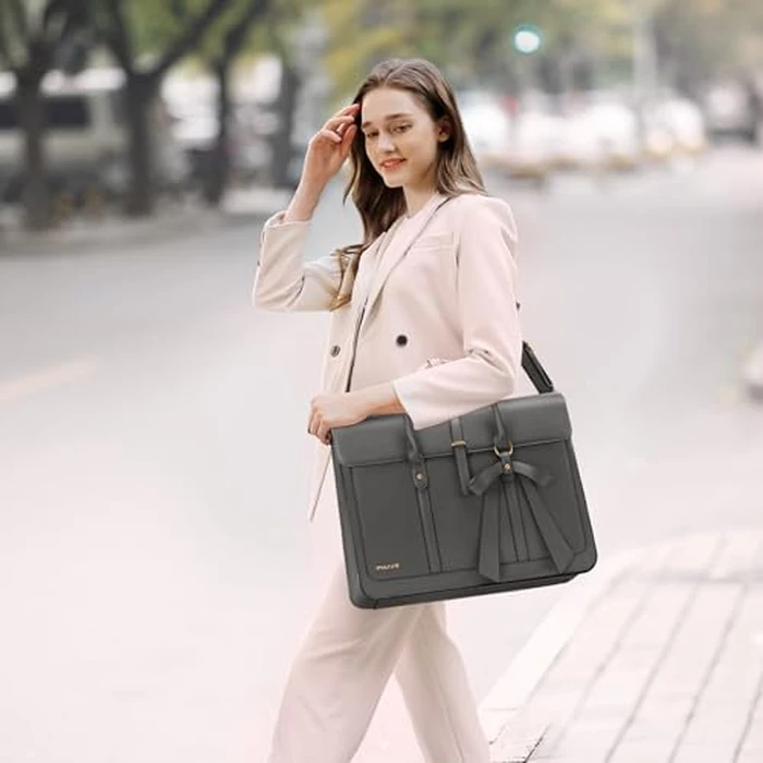 MOSISO Laptop Bag for Women, 15-15.6 inch PU Leather Laptop Shoulder Bag Convertible Backpack, 16 inch Messenger Bag Casual Handbag Work Briefcase Travel Computer Bag with Bowknot, Gray by MOSISO - Image 2
