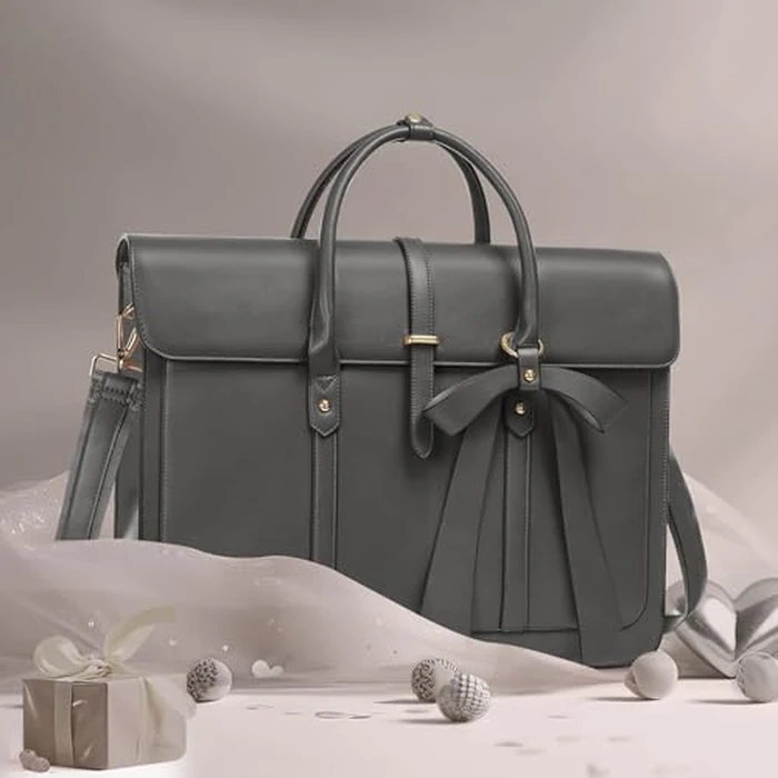 MOSISO Laptop Bag for Women, 15-15.6 inch PU Leather Laptop Shoulder Bag Convertible Backpack, 16 inch Messenger Bag Casual Handbag Work Briefcase Travel Computer Bag with Bowknot, Gray by MOSISO - Image 3