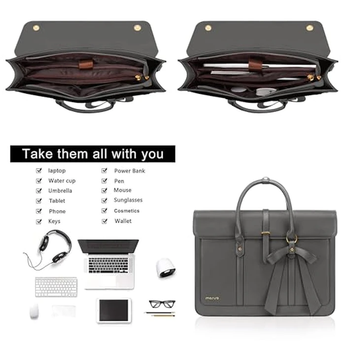 MOSISO Laptop Bag for Women, 15-15.6 inch PU Leather Laptop Shoulder Bag Convertible Backpack, 16 inch Messenger Bag Casual Handbag Work Briefcase Travel Computer Bag with Bowknot, Gray by MOSISO - Image 4