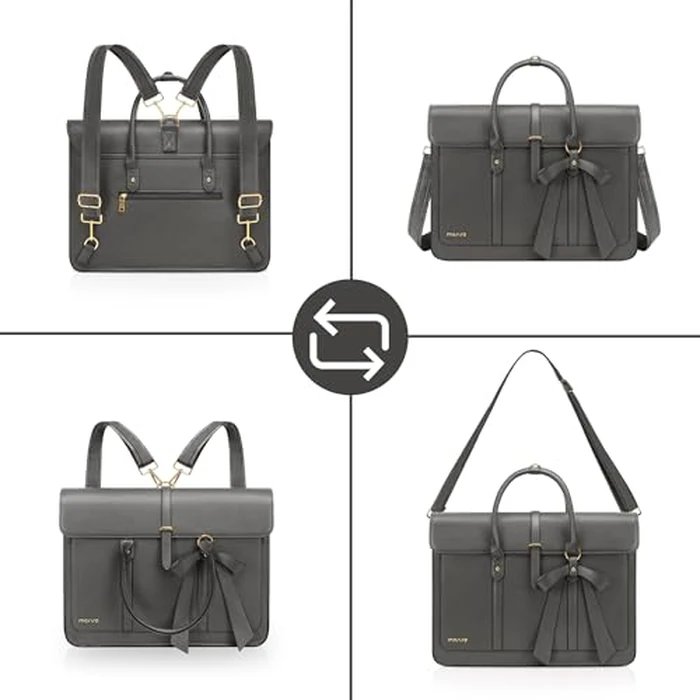 MOSISO Laptop Bag for Women, 15-15.6 inch PU Leather Laptop Shoulder Bag Convertible Backpack, 16 inch Messenger Bag Casual Handbag Work Briefcase Travel Computer Bag with Bowknot, Gray by MOSISO - Image 6