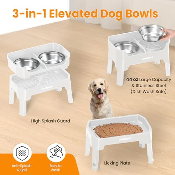URPOWER 3-in-1 Elevated Dog Bowls - Mess Proof Double Deck 4 Height Adjustable Raised Stand with 2 Stainless Steel Food Bowls & Licking Plate for Small, Medium & Large Dogs by URPOWER - Image 4