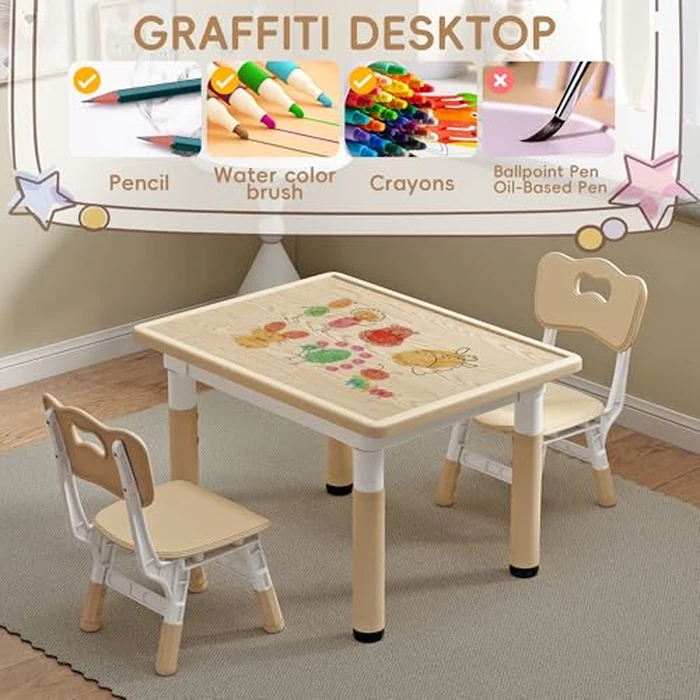 JONUTATO Kids Table and Chairs, Graffiti Desktop Toddler Chair and Table Set, Kids Table for Ages 3-8, 31.5''L x 23.6''W Childrens Table and Chair Set with 2 Seats, Max 300lbs by JONUTATO - Image 3
