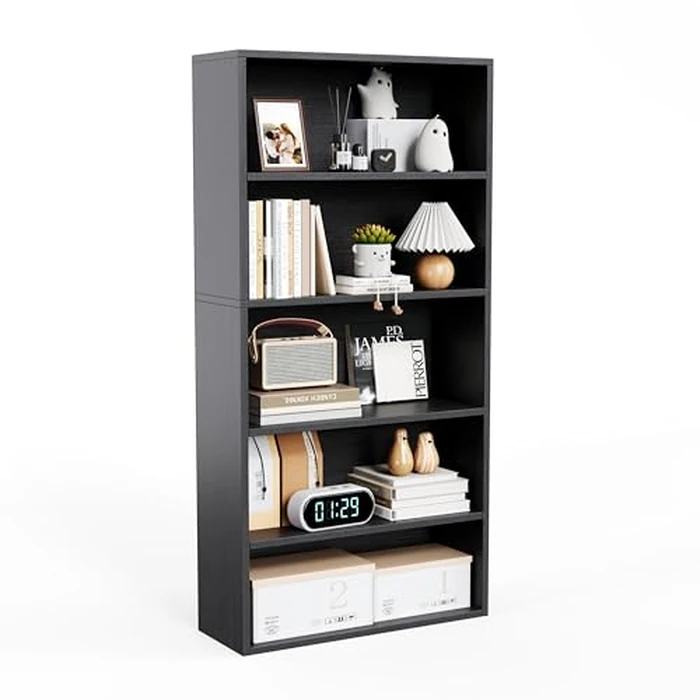 Flrrtenv 5-Tier Bookshelf, Industrial Bookcase, Wooden Open Storage Free Standing Shelf for Living Room, Bedroom Shelving, Standing Bookshelves Home Office Display and Book Organization, Black by Flrrtenv - Used - Very Good condition