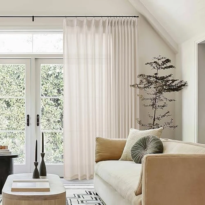Extra Wide Beige Pinch Pleated Linen Curtains 90 Inches Long 100 Inch Wide for Living Room Bedroom Light Filter Semi Sheer Window Drapes with Hooks Rings for Patio Sliding Glass Door 1 Panel 100x90 by TWODRAPES - Used - Acceptable condition - CA$31.22