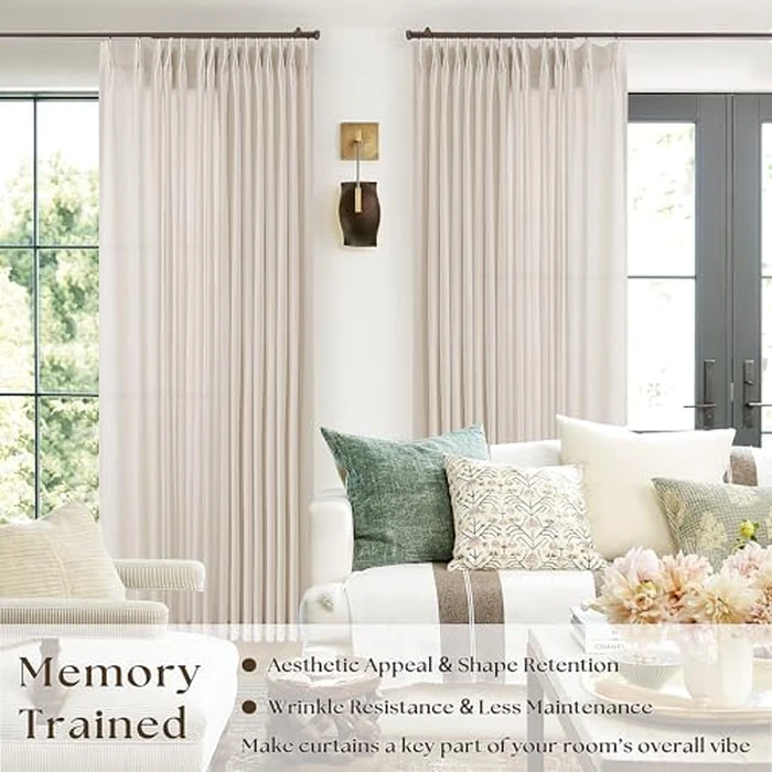 Extra Wide Beige Pinch Pleated Linen Curtains 90 Inches Long 100 Inch Wide for Living Room Bedroom Light Filter Semi Sheer Window Drapes with Hooks Rings for Patio Sliding Glass Door 1 Panel 100x90 by TWODRAPES - Image 3