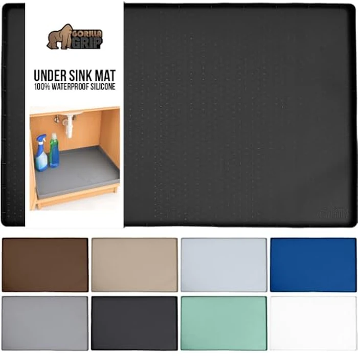 GORILLA GRIP Waterproof Silicone Under Sink Mat with Raised Lip for Kitchen and Bathroom, Cabinet Shelf Liner Stay in Place Mats Dishwasher Safe Drawer Liner, Organizer Tray, 15 x 22 in, Black by GORILLA GRIP - Image 1