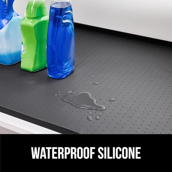GORILLA GRIP Waterproof Silicone Under Sink Mat with Raised Lip for Kitchen and Bathroom, Cabinet Shelf Liner Stay in Place Mats Dishwasher Safe Drawer Liner, Organizer Tray, 15 x 22 in, Black by GORILLA GRIP - Image 3