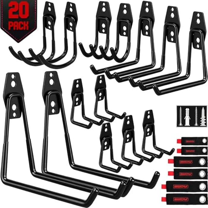 20 Pack Heavy Duty Garage Storage Hooks with Extension Cord Organizer, Solid Steel Wall Mount Hook Set with Anti-Slip Coating Utility J Hooks for Ladders,Bikes,Ropes,Broom,Garden,Yard and Power Tools by SEDY - Used - Very Good condition - US$23.50
