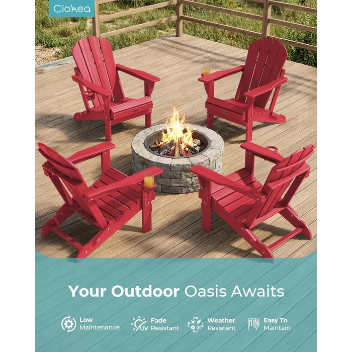 Ciokea Folding Adirondack Chair Wood Texture, Patio Adirondack Chair Weather Resistant, Plastic Fire Pit Chair with Cup Holder, Lawn Chair for Outdoor Porch Garden Backyard Deck (Red) by Ciokea - Image 1