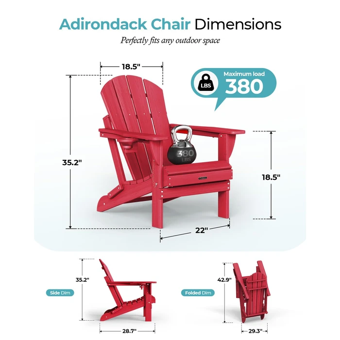 Ciokea Folding Adirondack Chair Wood Texture, Patio Adirondack Chair Weather Resistant, Plastic Fire Pit Chair with Cup Holder, Lawn Chair for Outdoor Porch Garden Backyard Deck (Red) by Ciokea - Image 2